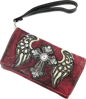 Justin West Western Floral Wing Embroidery Laser Cut Rhinestone Silver Cross Studded Shoulder Tote Handbag Purse Wallet