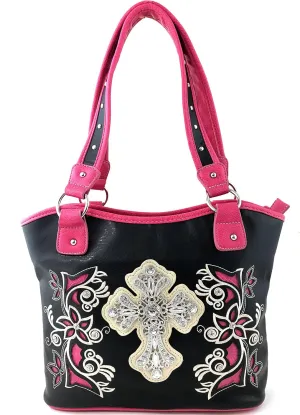 Justin West Western Rhinestone Cross Tote Purse Embroidery Floral Design Leather Concealed Carry Handbag