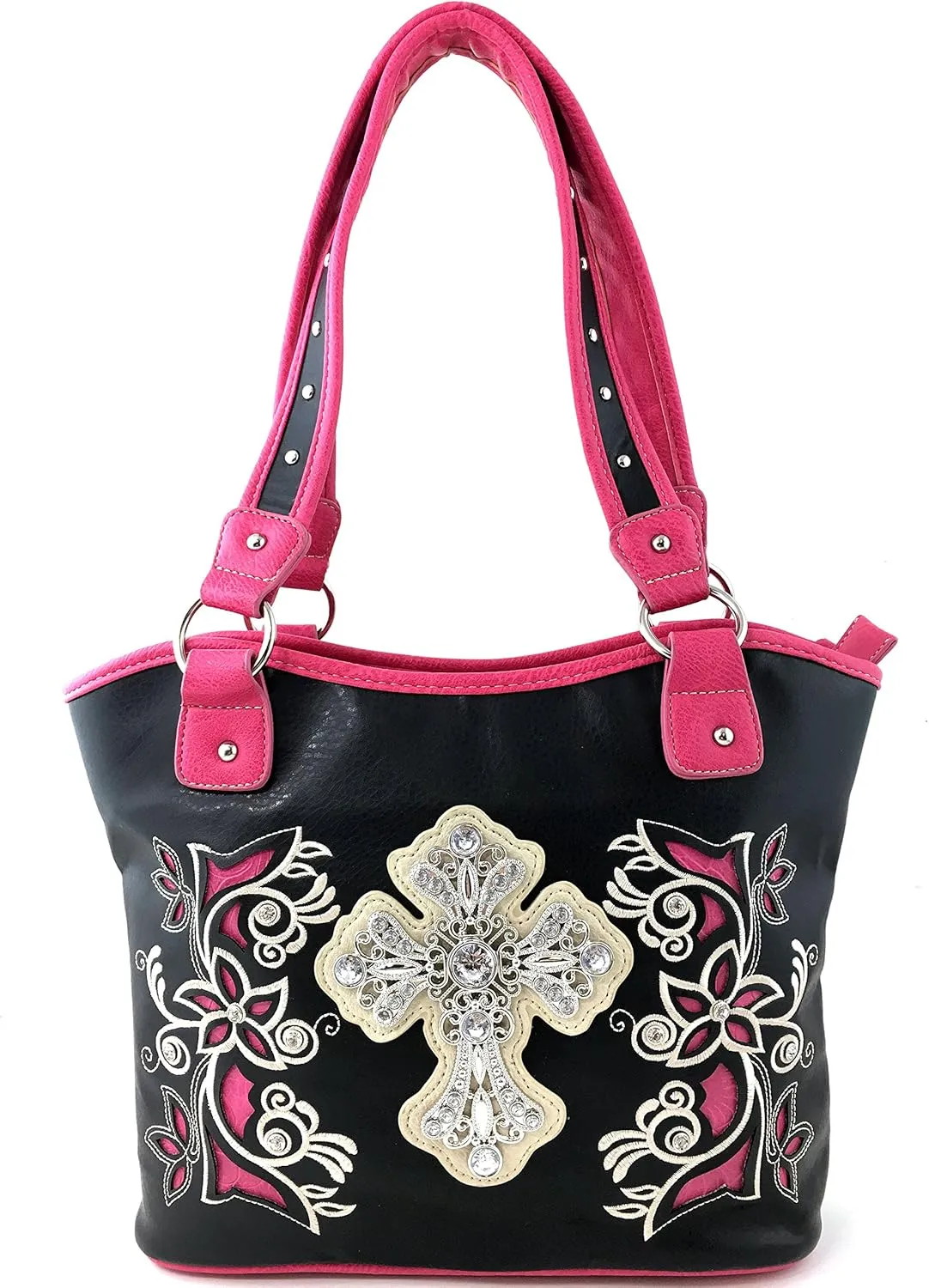Justin West Western Rhinestone Cross Tote Purse Embroidery Floral Design Leather Concealed Carry Handbag