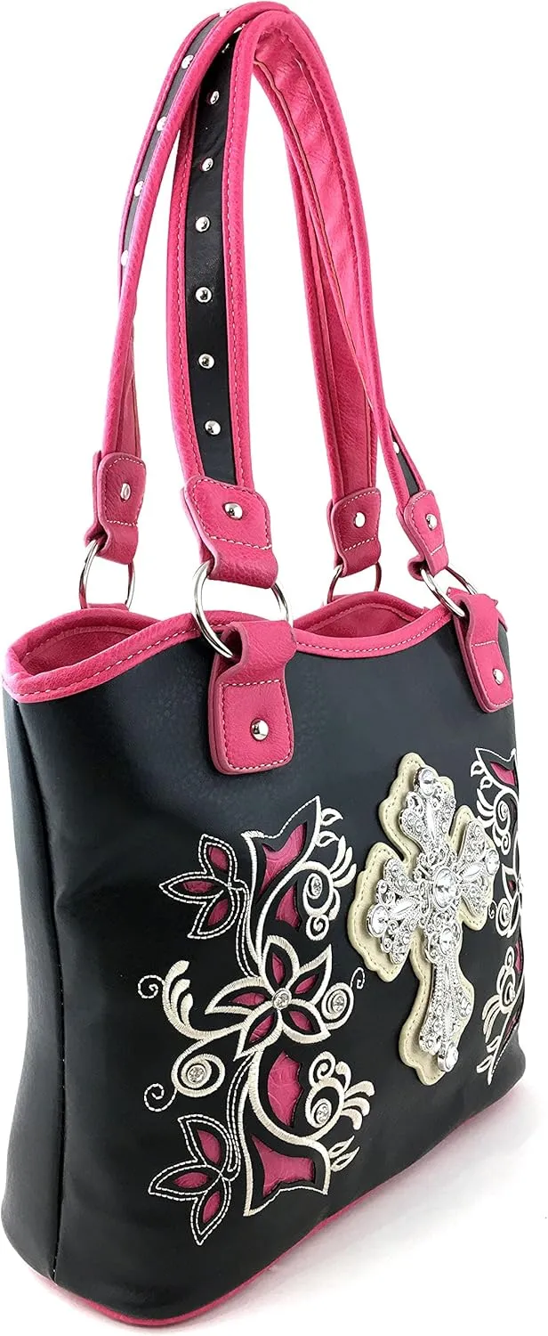 Justin West Western Rhinestone Cross Tote Purse Embroidery Floral Design Leather Concealed Carry Handbag