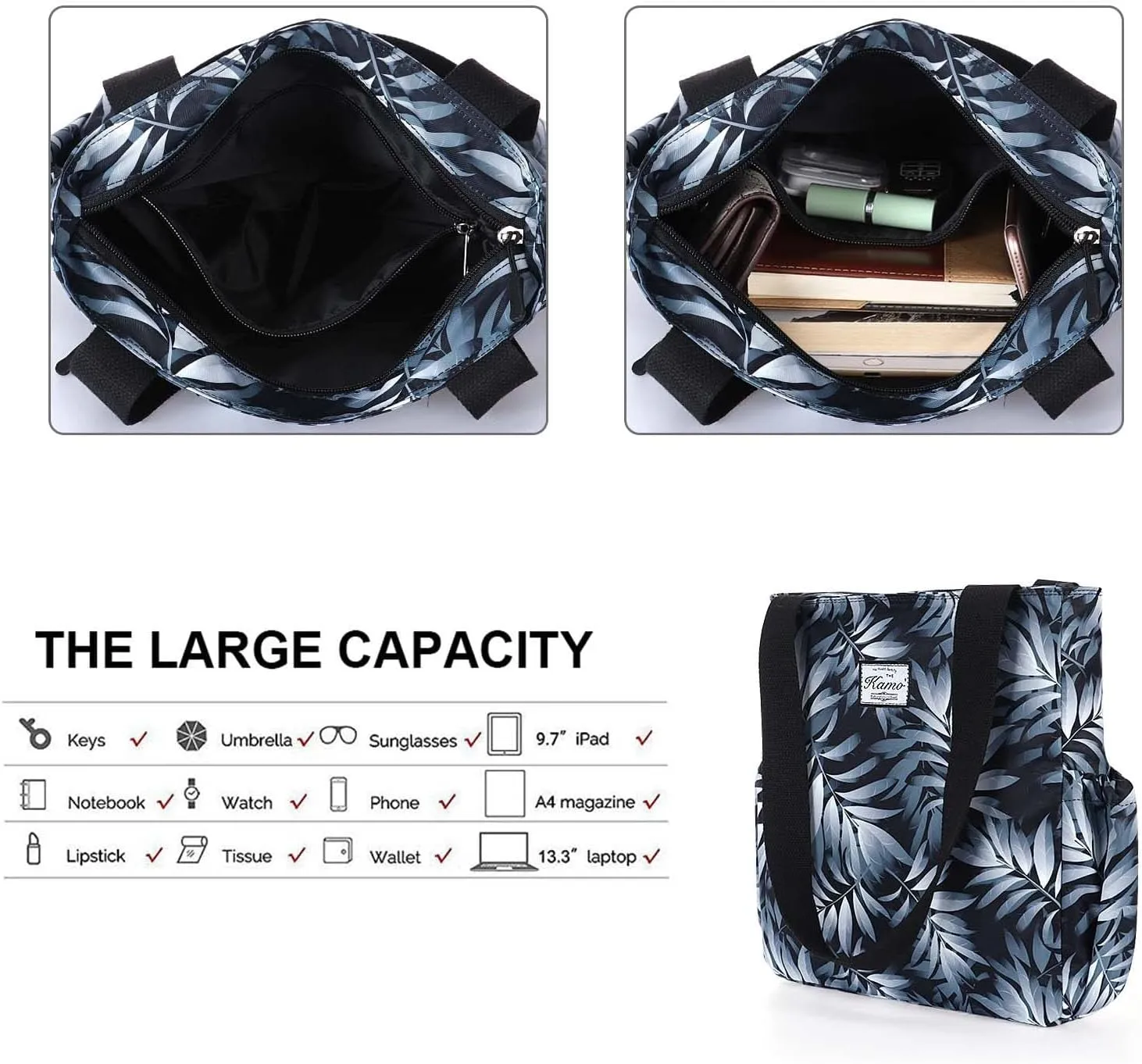 KAMO Floral Tote Bag - Waterproof Lightweight Handbags Travel Shoulder Bag for Hiking Yoga Gym Swimming Travel Beach