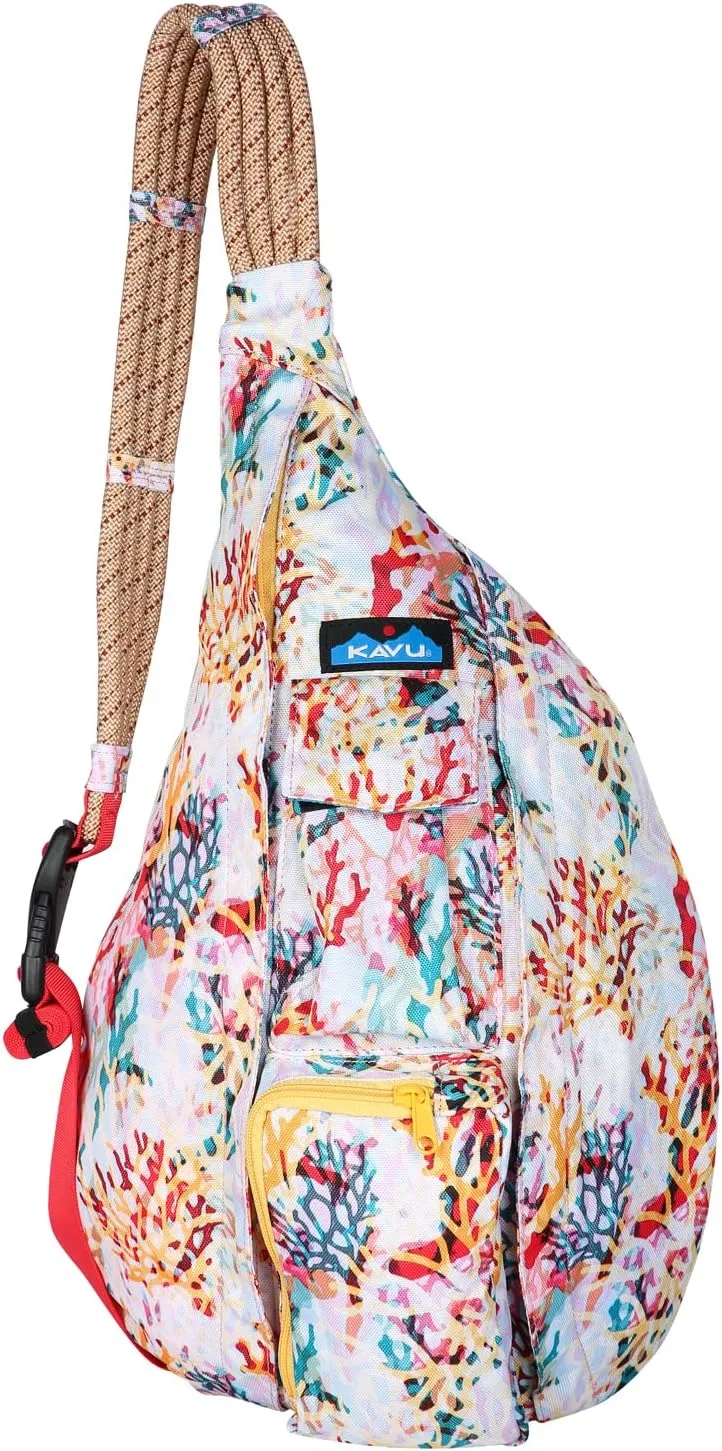KAVU Original Rope Sling Bag with Adjustable Rope Shoulder Strap - Floral Coral