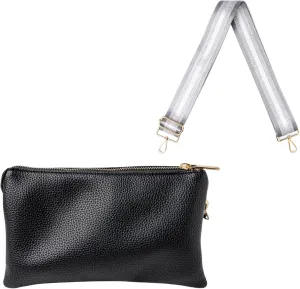 KEDZIE Eclipse Vegan Leather Convertible Wallet Crossbody Bag (Black) & Interchangeable 2-Inch Bag Strap (Platinum)