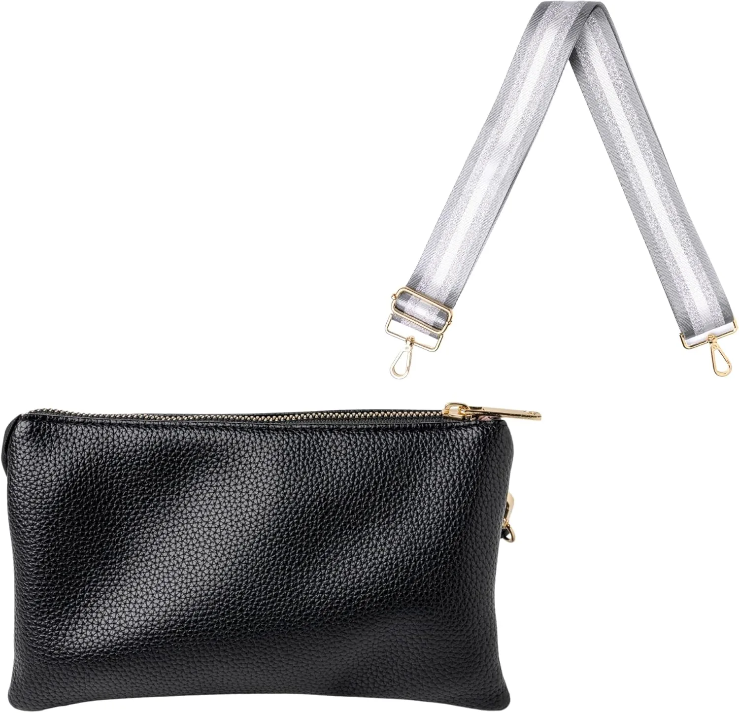 KEDZIE Eclipse Vegan Leather Convertible Wallet Crossbody Bag (Black) & Interchangeable 2-Inch Bag Strap (Platinum)