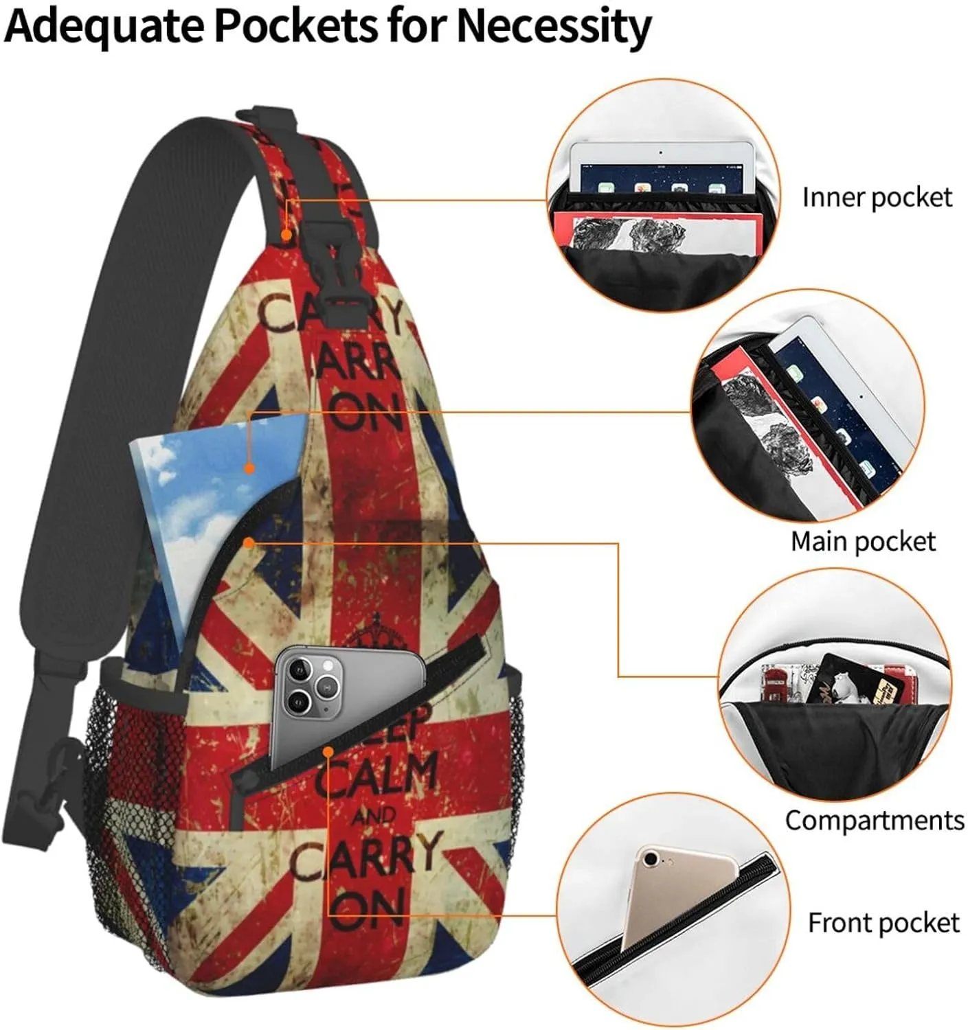 Keep Calm And Carry On Chest Sling Bag Crossbody Shoulder Backpack Bag Gym Cycling Travel Hiking Daypack Cross Bag