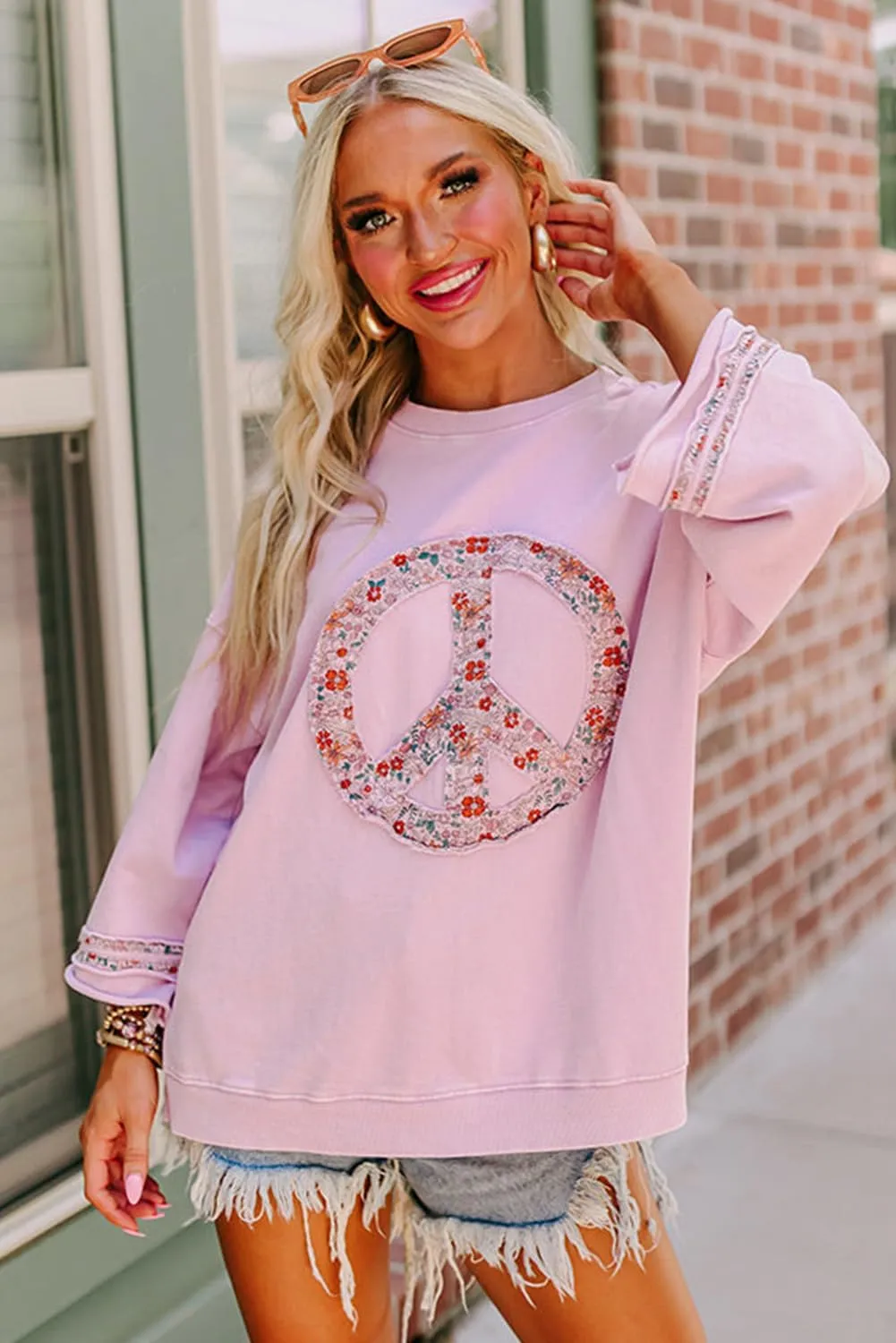 KevaMolly Womens Long Sleeve Tops Floral Peace Symbol Drop Shoulder Sweatshirt Crewneck Casual Pullover Top