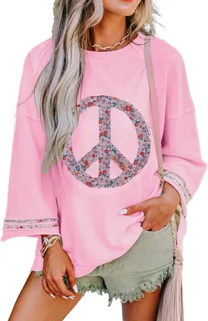 KevaMolly Womens Long Sleeve Tops Floral Peace Symbol Drop Shoulder Sweatshirt Crewneck Casual Pullover Top