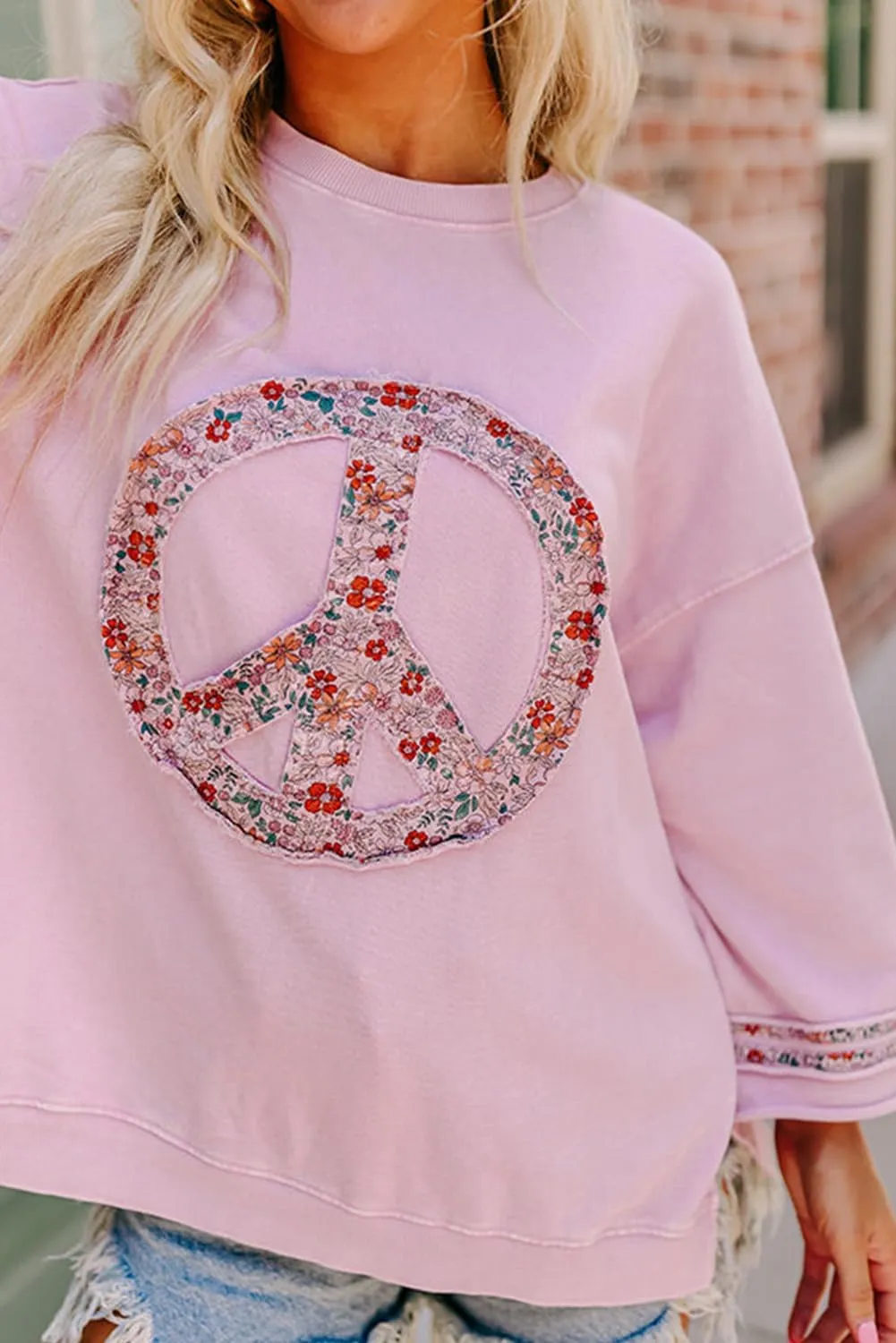 KevaMolly Womens Long Sleeve Tops Floral Peace Symbol Drop Shoulder Sweatshirt Crewneck Casual Pullover Top