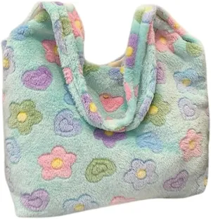 Kidcore Aesthetic Fuzzy Tote Bag for Women Flowers Fluffy Tote Bag Shoulder Bag Cute Furry Hand Tote Bag