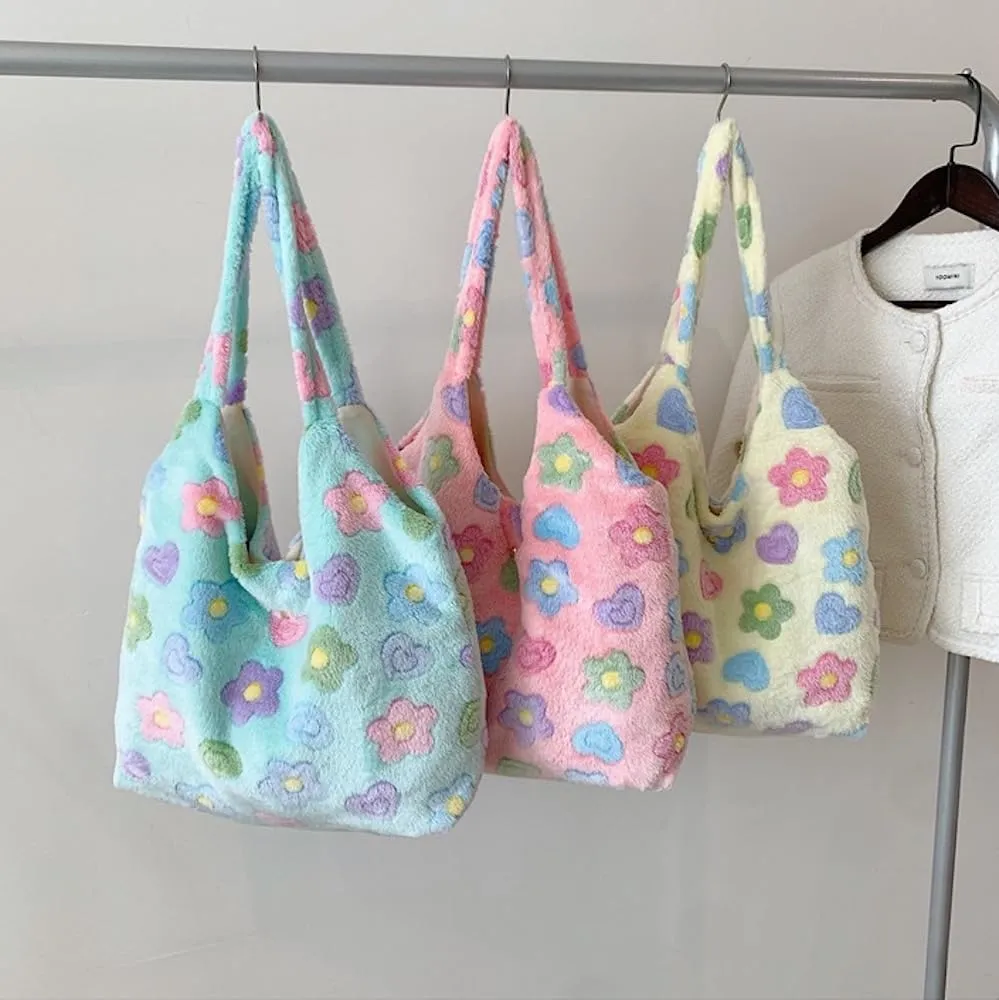 Kidcore Aesthetic Fuzzy Tote Bag for Women Flowers Fluffy Tote Bag Shoulder Bag Cute Furry Hand Tote Bag