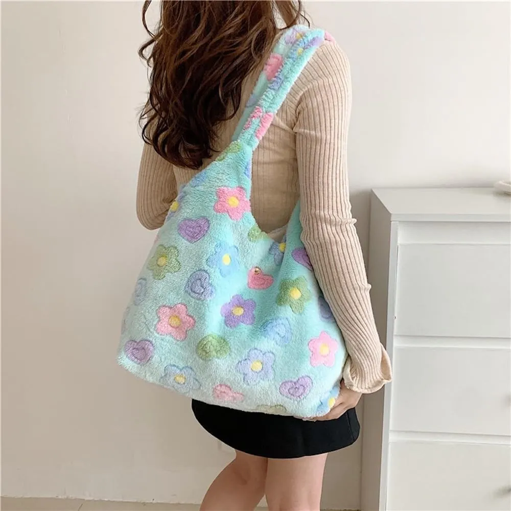 Kidcore Aesthetic Fuzzy Tote Bag for Women Flowers Fluffy Tote Bag Shoulder Bag Cute Furry Hand Tote Bag