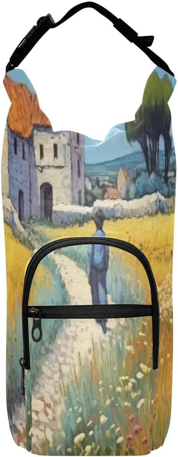 Kigai Farmland Painting Water Bottle Holder with Strap, 20/24/32/40 oz Water Bottle Carrier Bag with Adjustable Shoulder Strap 2 Pocket for Hiking Travelling Camping