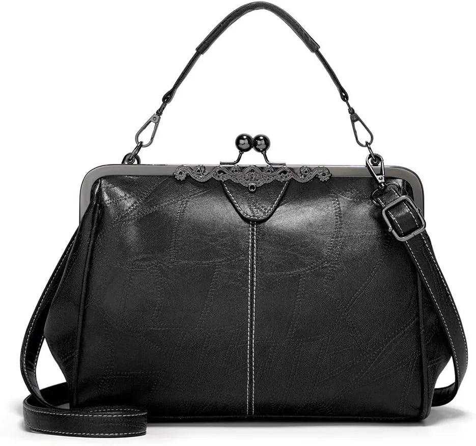 Kiss Lock Purses Vintage Handbags for Women Kisslock Crossbody Bag Vegan Leather Tote Handbag Retro Shoulder Purse