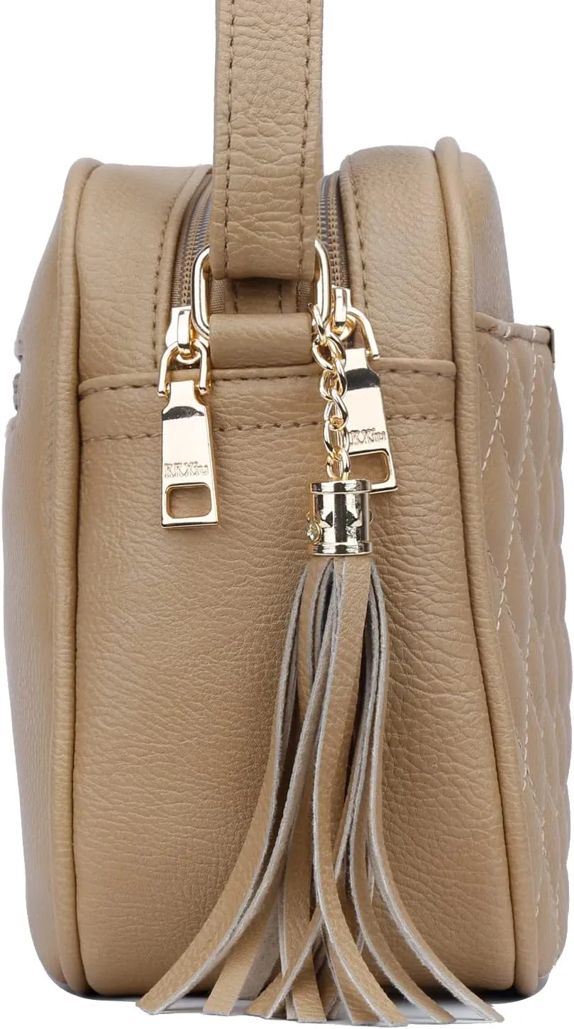 KKXIU Quilted Double Compartment Multiple Pocket Crossbody Bag for Women and Teen Girls Stylish Shoulder Purse with Tassel