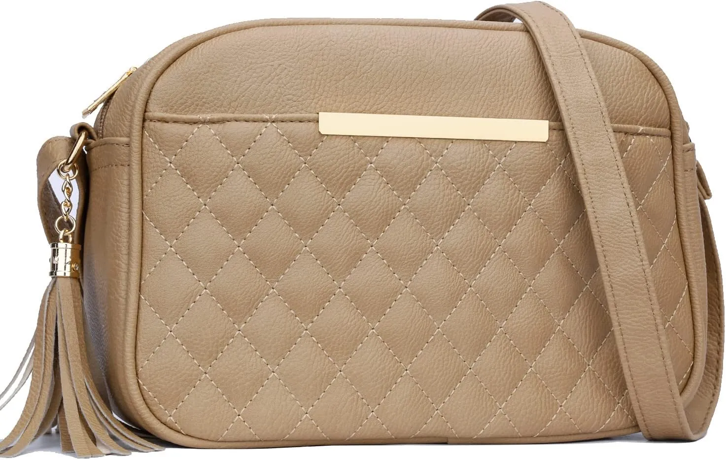 KKXIU Quilted Double Compartment Multiple Pocket Crossbody Bag for Women and Teen Girls Stylish Shoulder Purse with Tassel