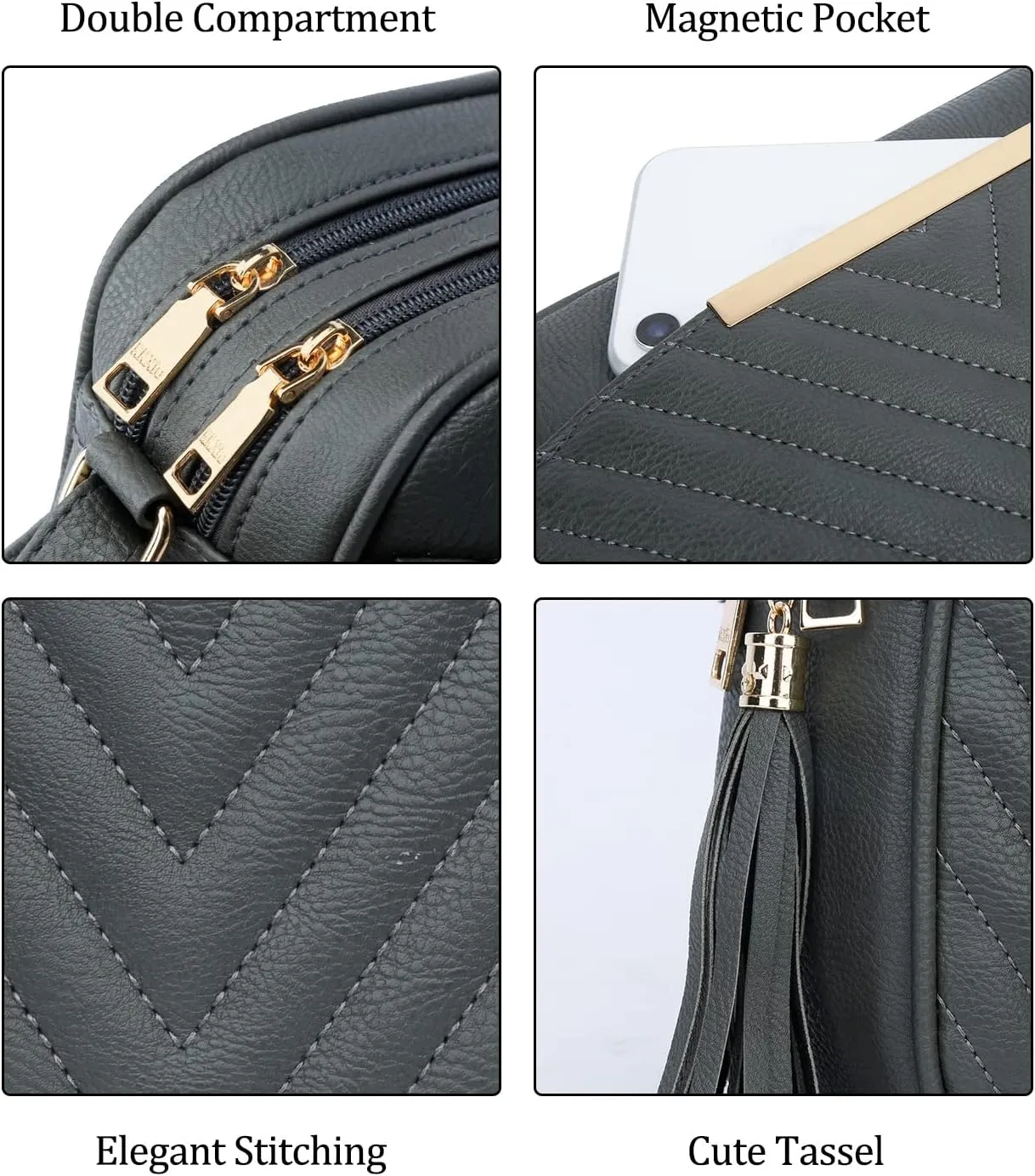 KKXIU Quilted Double Compartment Multiple Pocket Crossbody Bag for Women and Teen Girls Stylish Shoulder Purse with Tassel