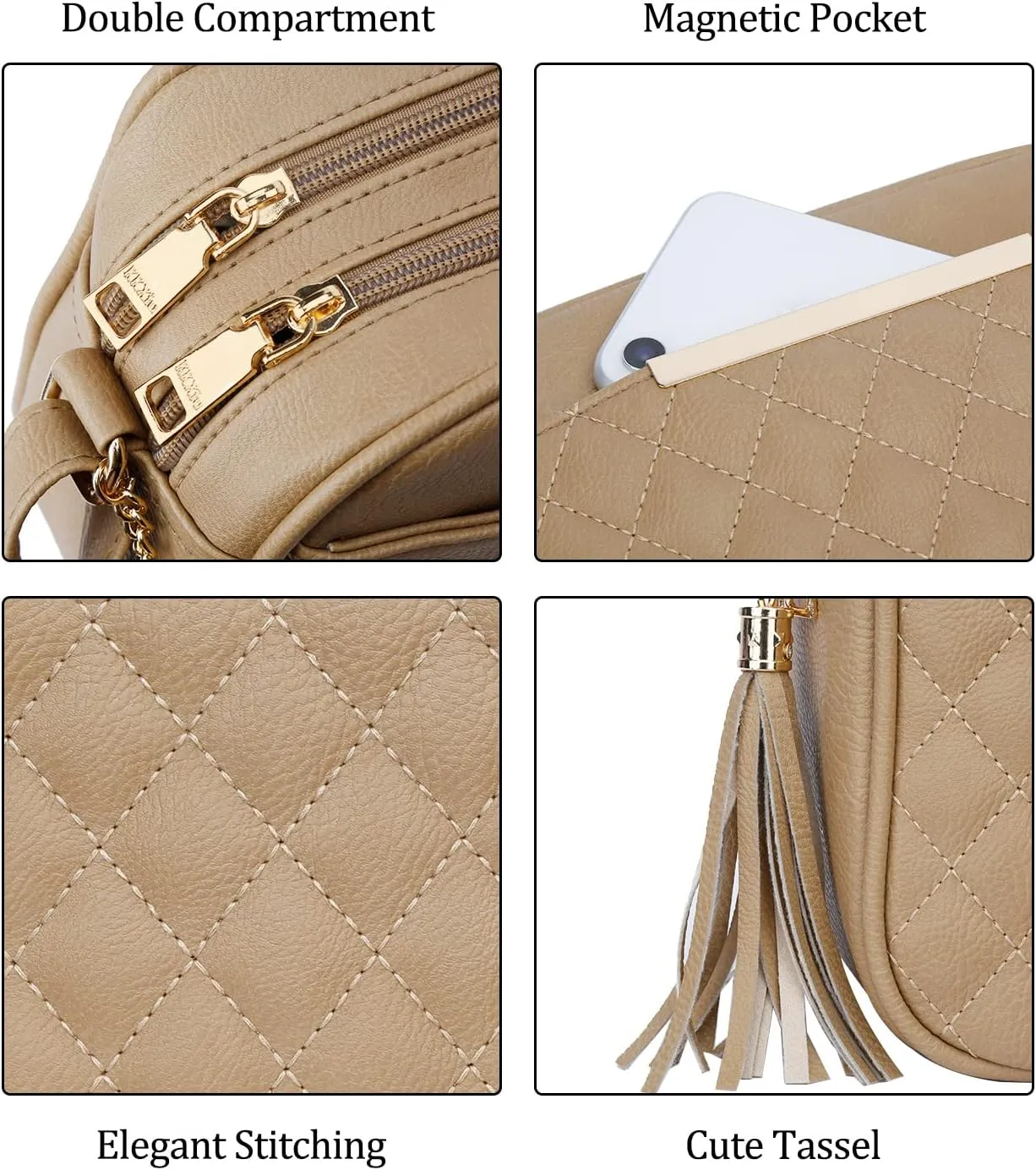 KKXIU Quilted Double Compartment Multiple Pocket Crossbody Bag for Women and Teen Girls Stylish Shoulder Purse with Tassel