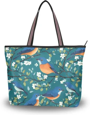 KLL silk fabric zippered totes for women summer chick handbags casual shoulder work for Prom Engagement Cocktail Party Wedding Sweet Eastern Blue Birds Teal White Cherry Blossom size 15.7x11.4 in