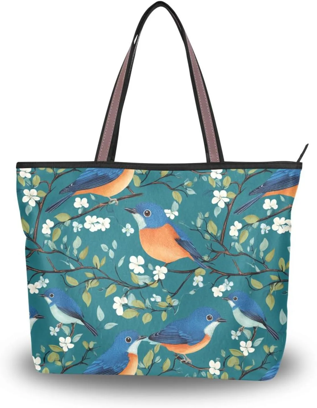 KLL silk fabric zippered totes for women summer chick handbags casual shoulder work for Prom Engagement Cocktail Party Wedding Sweet Eastern Blue Birds Teal White Cherry Blossom size 15.7x11.4 in