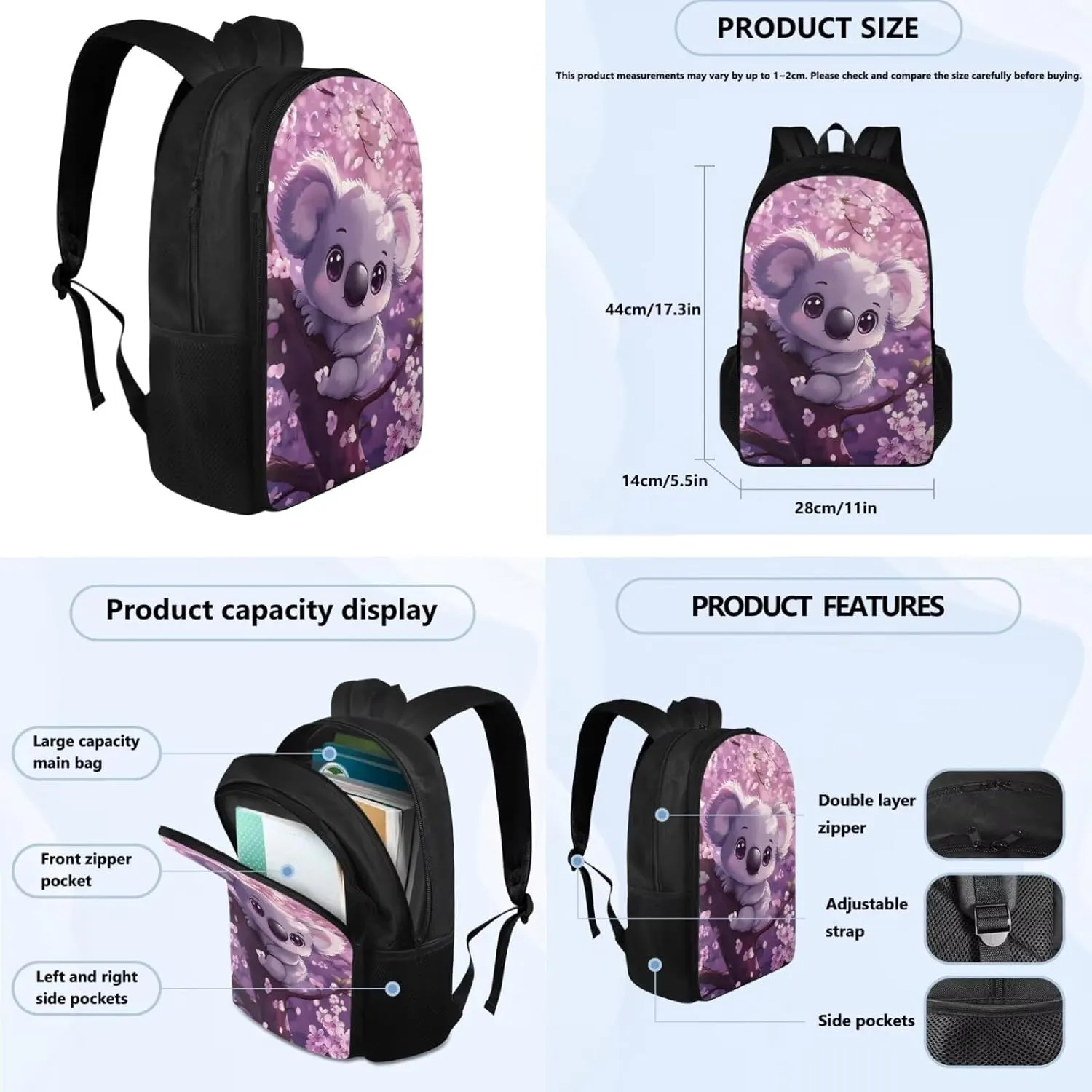Koala Backpack for Elementary School Girls Book Bags with Lunch Box Cute Backpacks for 5th Grade Girls Kids School Bag 17 Inch Large Capacity Travel Sports Daypack for Primary Students