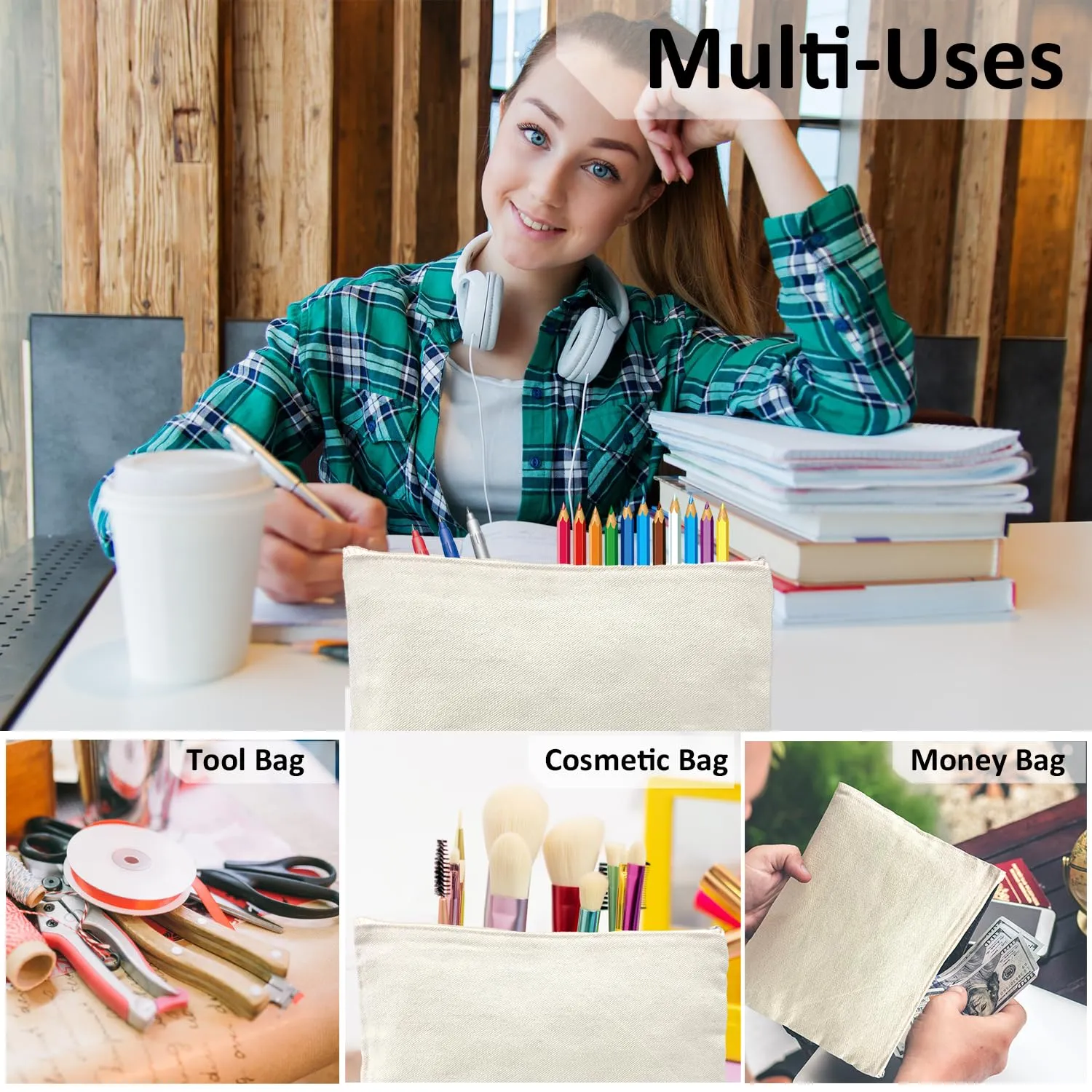 Koolmox Canvas Zipper Pouch - 9x7, 20 Pack with Zipper, Cotton Canvas for Embroidery, Tie Dye, Marker and Circuit Projects, Beige Travel Bags