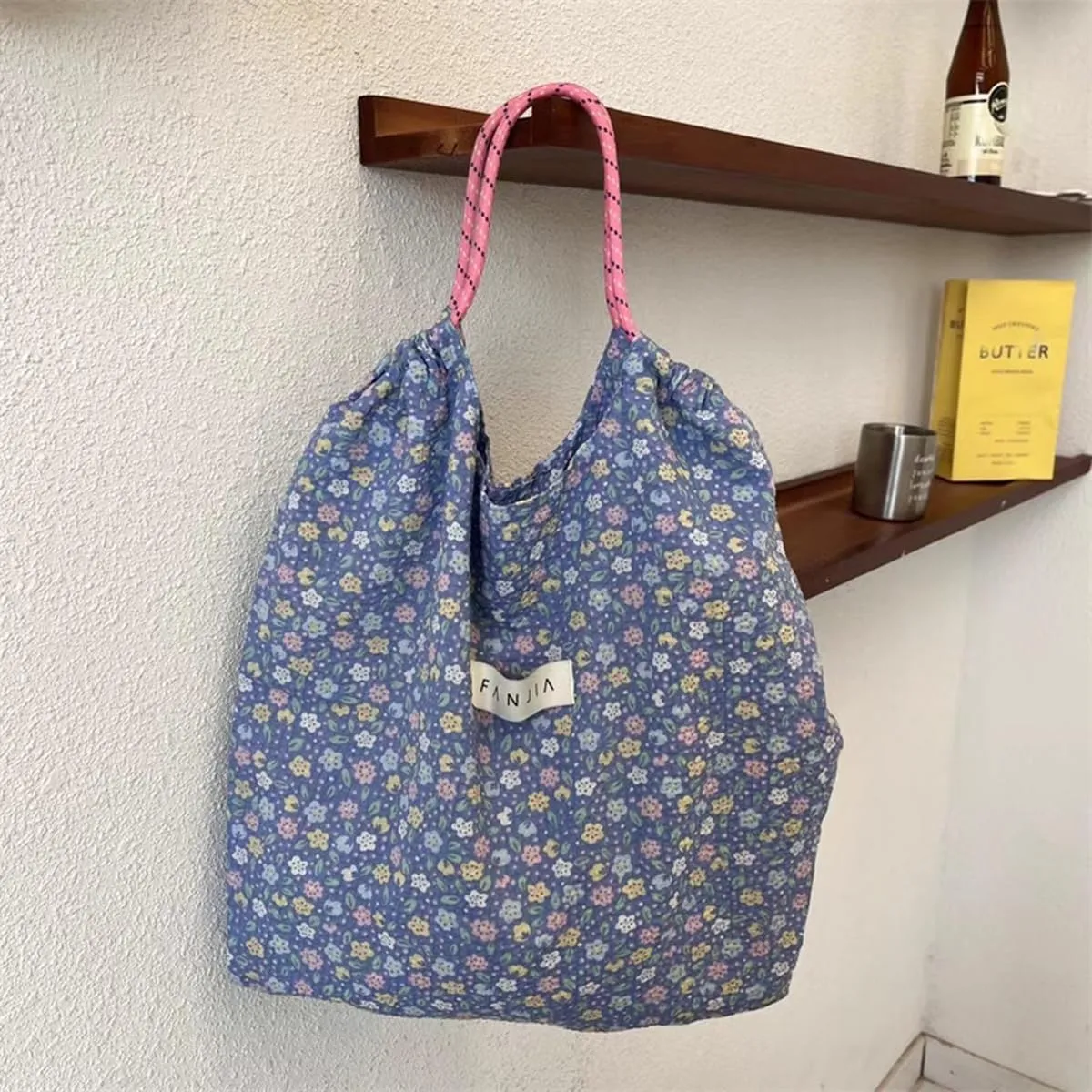 Korean version floral handbag for women's fresh Japanese style small floral shoulder bag with large capacity shopping bag