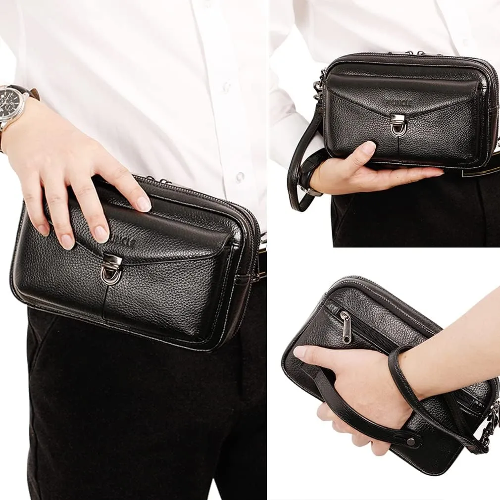 KPYWZER Leather Clutch Purse Wallet Men Wrist Bag