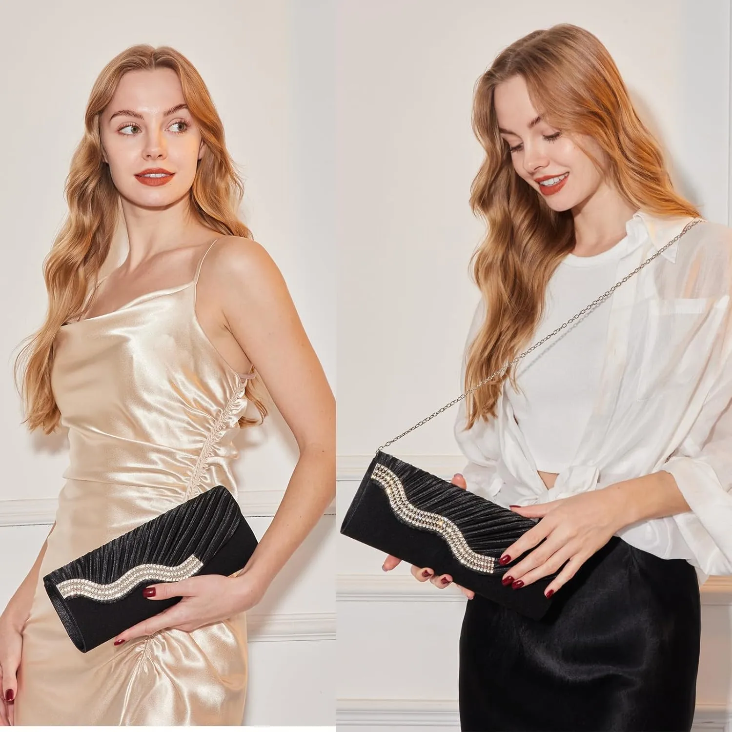 Kseymeir Evening Clutch Purses for Women Evening Bag Pleated Satin Handbags Chain Bag