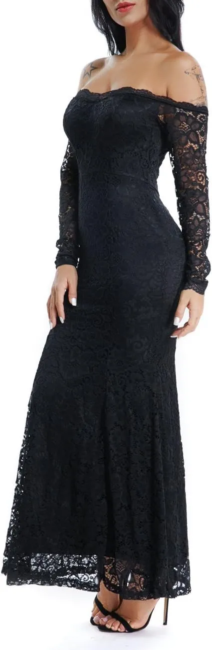 LALAGEN Women's Floral Lace Long Sleeve Off Shoulder Wedding Mermaid Dress