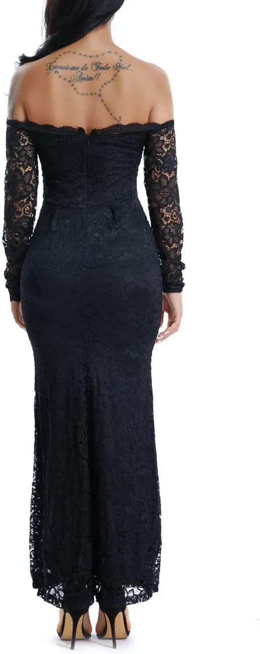 LALAGEN Women's Floral Lace Long Sleeve Off Shoulder Wedding Mermaid Dress