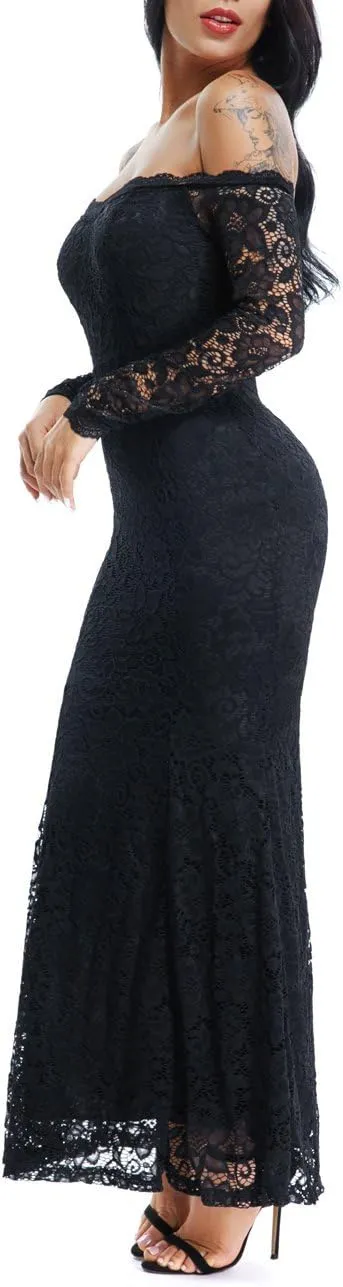 LALAGEN Women's Floral Lace Long Sleeve Off Shoulder Wedding Mermaid Dress
