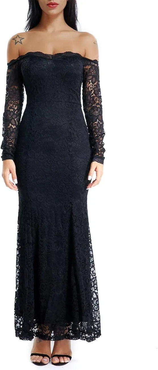 LALAGEN Women's Floral Lace Long Sleeve Off Shoulder Wedding Mermaid Dress