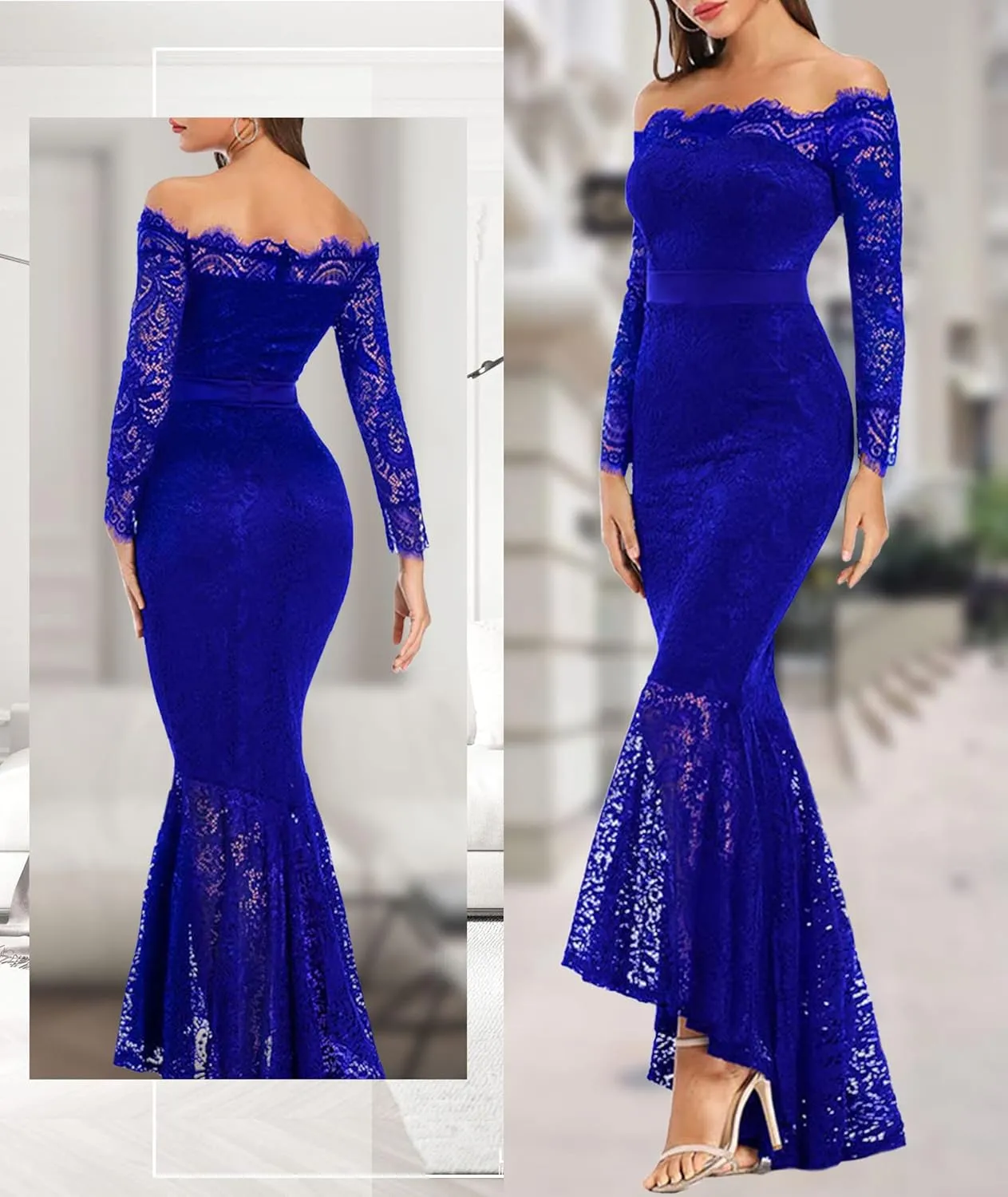 LALAGEN Women's Floral Lace Long Sleeve Off Shoulder Wedding Mermaid Dress