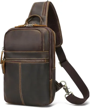 LANNSYNE Genuine Leather Sling Bag For Men, Vintage Crossbody Shoulder Chest Daypack Fits 11" iPad