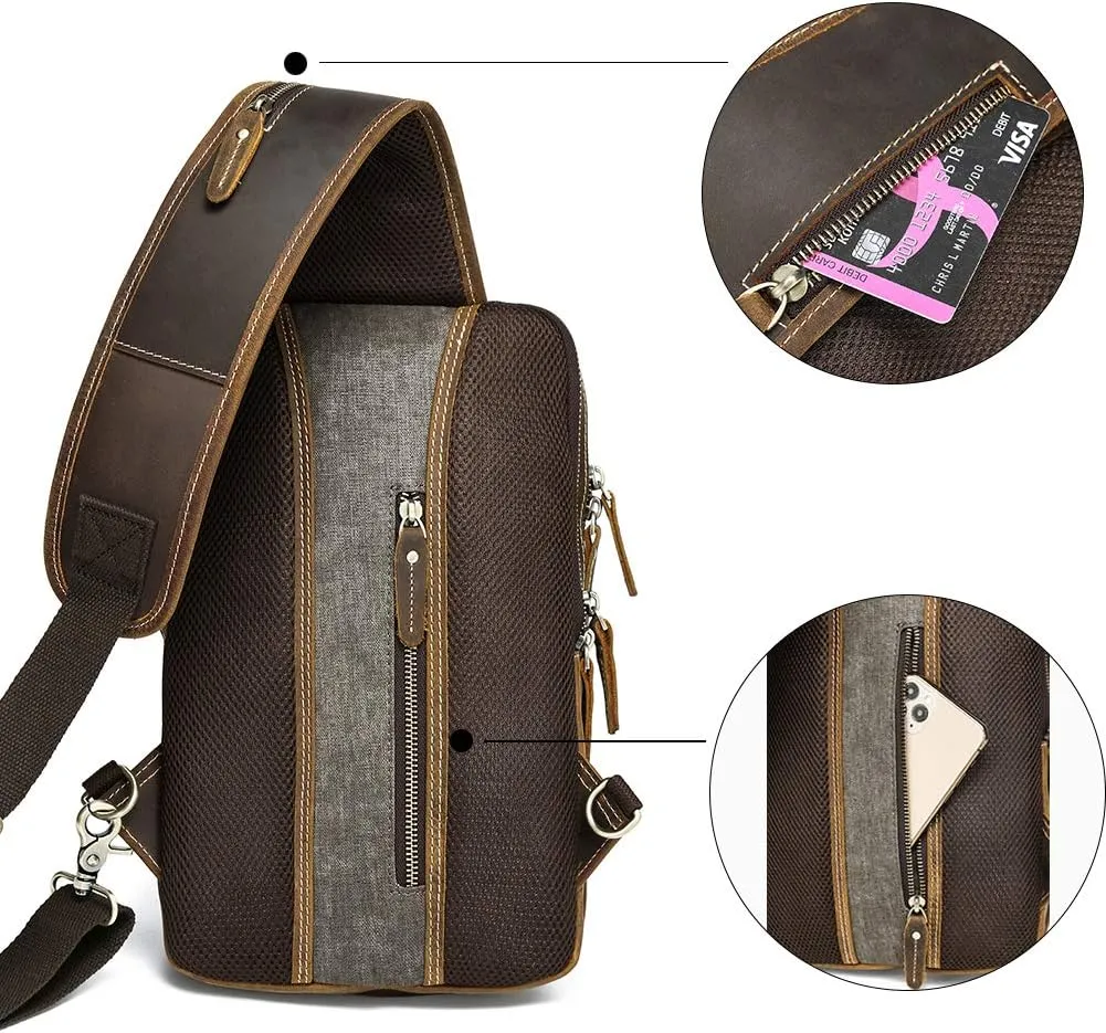 LANNSYNE Vintage Full Grain Leather Sling Bag Crossbody Chest Daypack