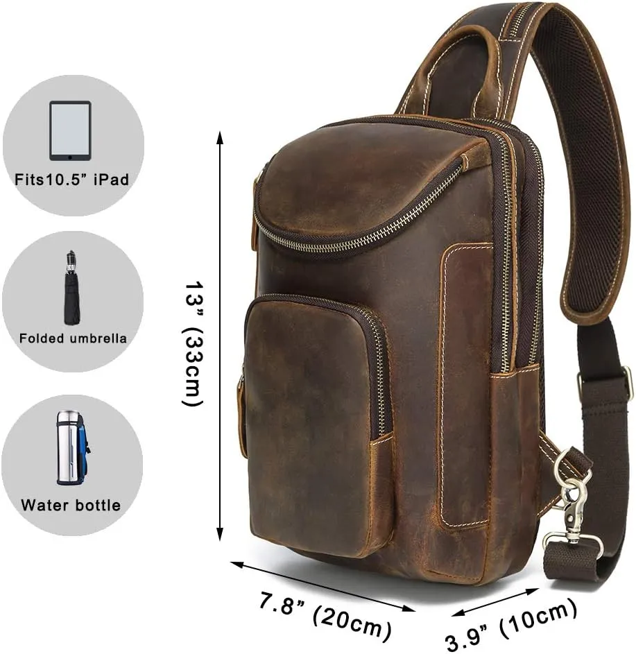 LANNSYNE Vintage Full Grain Leather Sling Bag Crossbody Chest Daypack