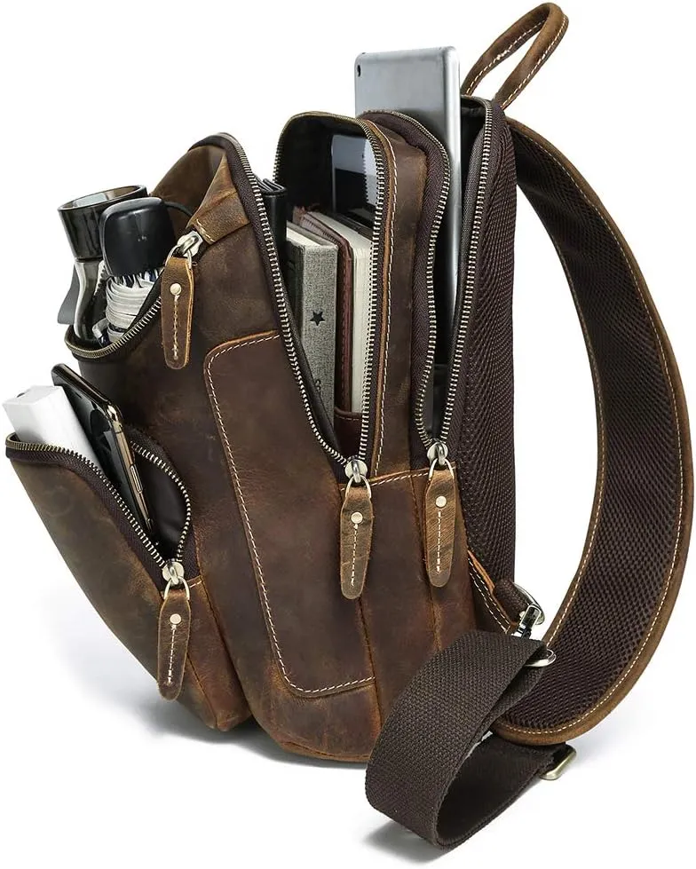 LANNSYNE Vintage Full Grain Leather Sling Bag Crossbody Chest Daypack
