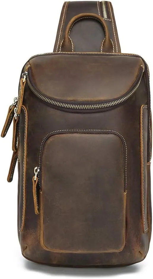 LANNSYNE Vintage Full Grain Leather Sling Bag Crossbody Chest Daypack