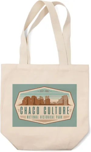 Lantern Press Chaco Culture NHP, New Mexico, Monoline with Color, Blue and Brown, (100% Cotton Canvas Reusable Tote Bag)