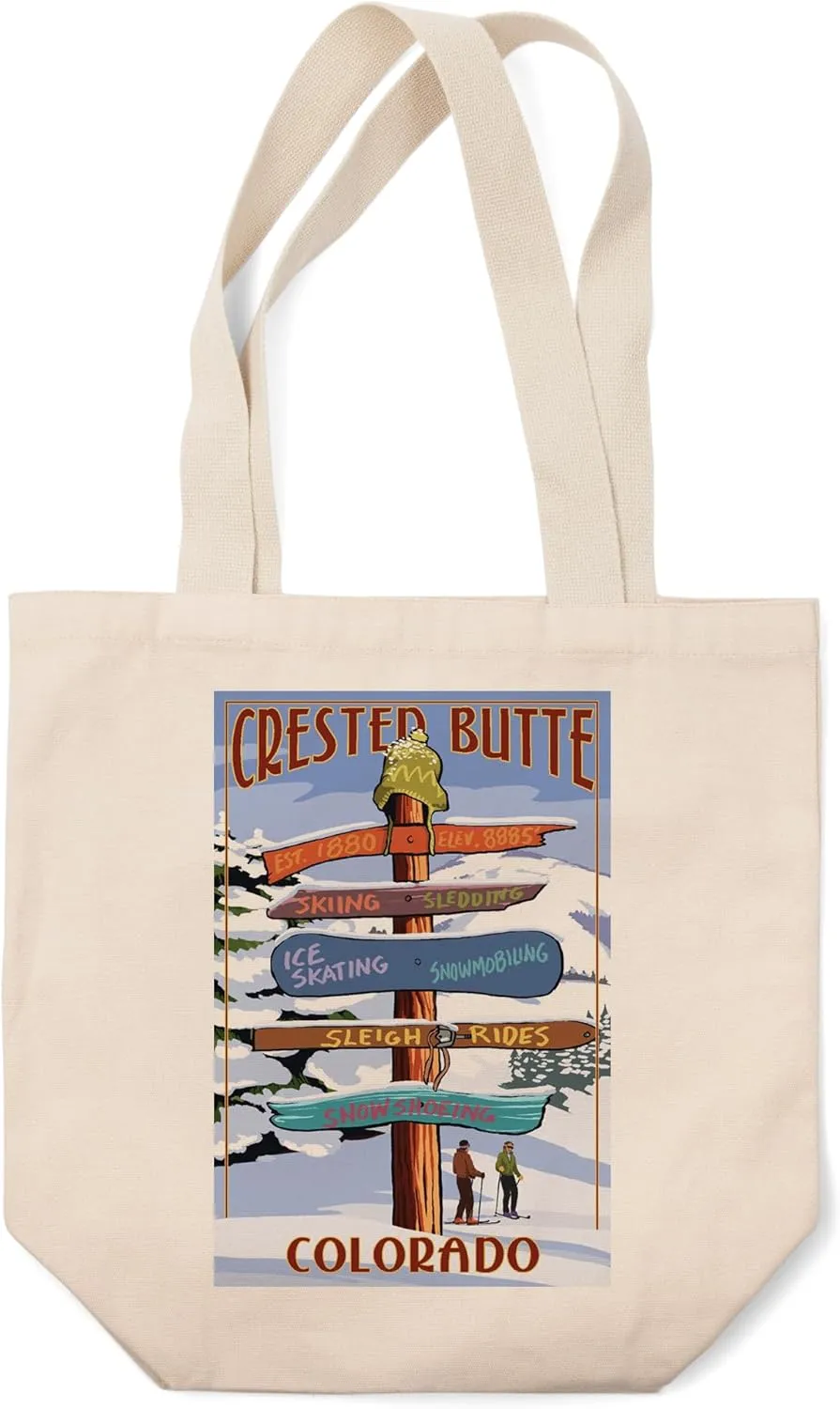 Lantern Press Crested Butte, Colorado, Ski Sign Destinations (100% Cotton Canvas Reusable Tote Bag)