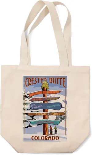 Lantern Press Crested Butte, Colorado, Ski Sign Destinations (100% Cotton Canvas Reusable Tote Bag)