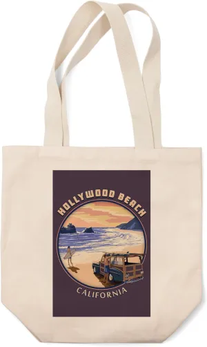 Lantern Press Hollywood Beach, California, Woody on Beach, (100% Cotton Canvas Reusable Tote Bag)