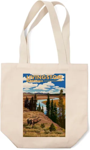 Lantern Press Livingston, Montana, Yellowstone River and Elk (100% Cotton Canvas Reusable Tote Bag)