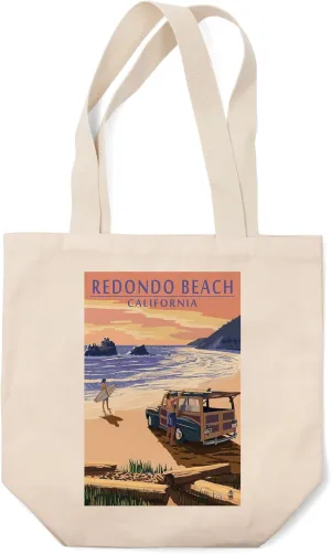 Lantern Press Redondo Beach, California, Woody on Beach (100% Cotton Canvas Reusable Tote Bag)