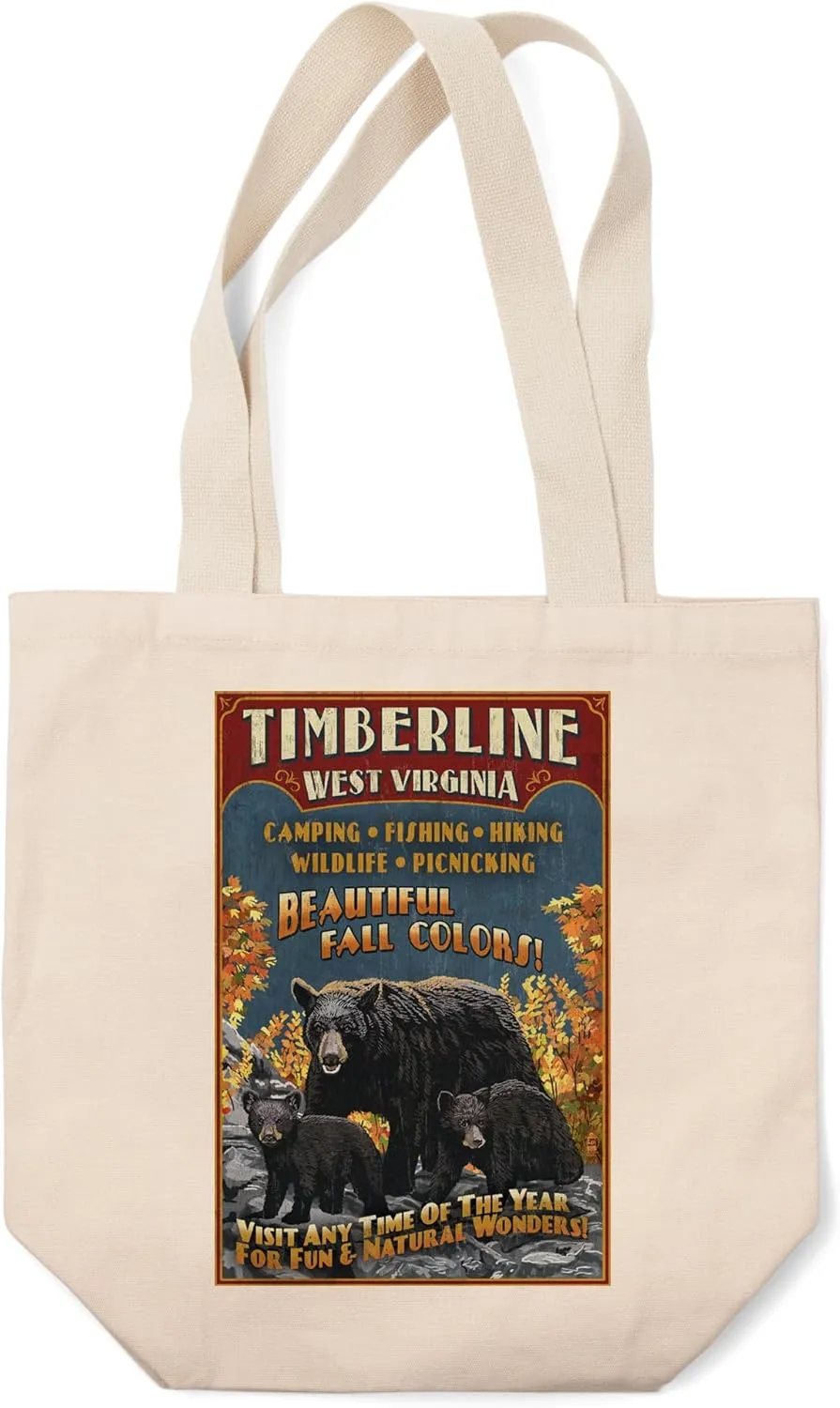 Lantern Press Timberline, West Virginia, Black Bear Vintage Sign (100% Cotton Canvas Reusable Tote Bag)