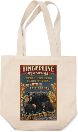 Lantern Press Timberline, West Virginia, Black Bear Vintage Sign (100% Cotton Canvas Reusable Tote Bag)