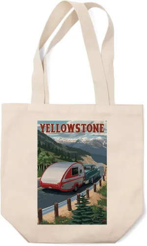Lantern Press Yellowstone, Montana, Retro Camper (100% Cotton Canvas Reusable Tote Bag)