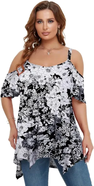 LARACE Cold Shoulder Tops for Womens Summer Clothes Spaghetti Strape Tunic Oversized Shirts Asymmetrical Plus Size Blouse