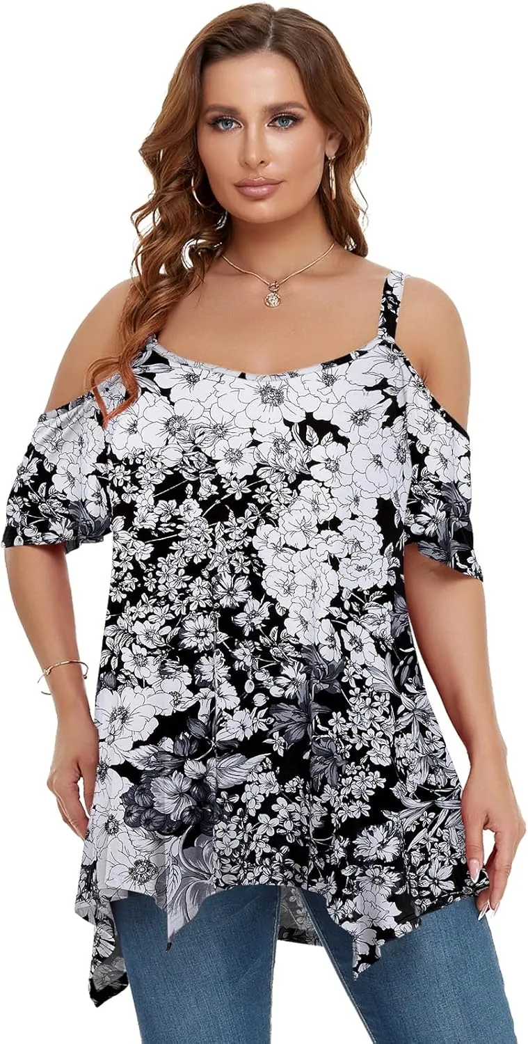 LARACE Cold Shoulder Tops for Womens Summer Clothes Spaghetti Strape Tunic Oversized Shirts Asymmetrical Plus Size Blouse
