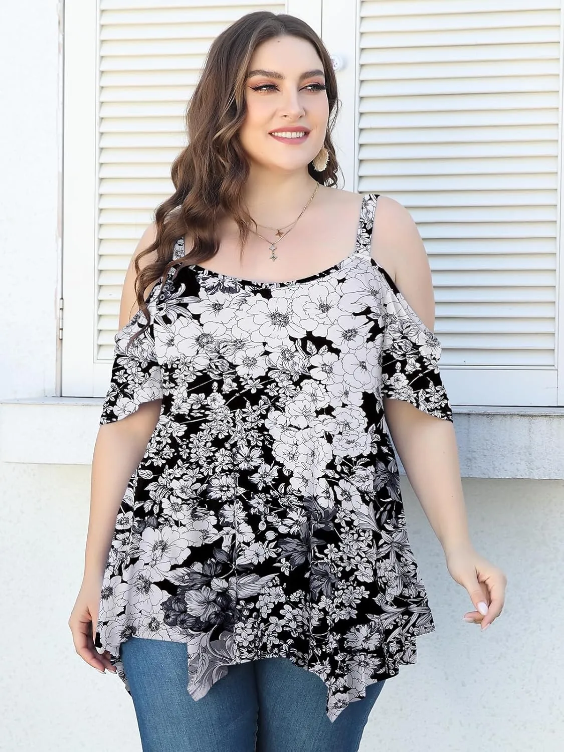 LARACE Cold Shoulder Tops for Womens Summer Clothes Spaghetti Strape Tunic Oversized Shirts Asymmetrical Plus Size Blouse